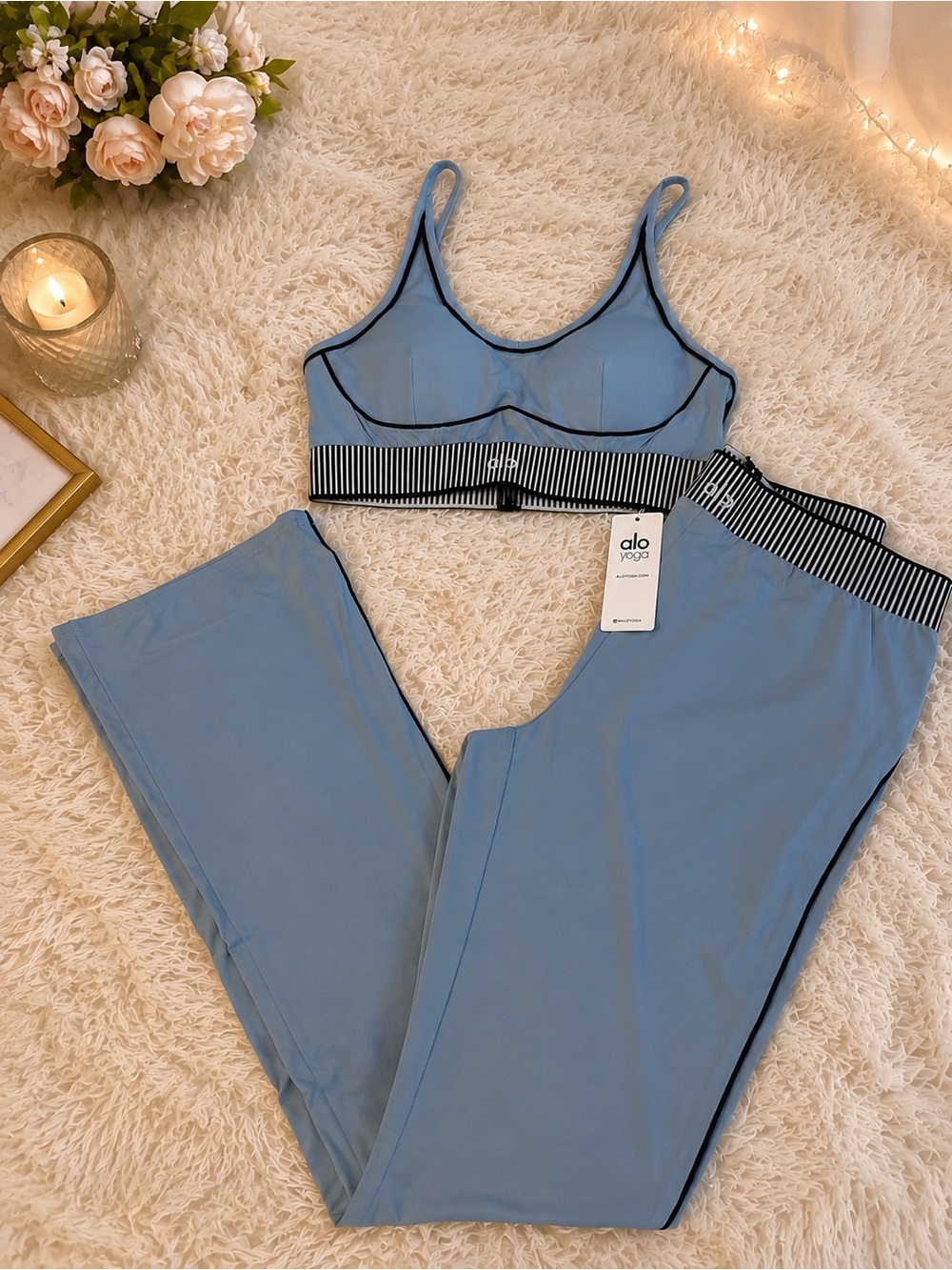 ALO Yoga Light Blue Striped-Band Bralette & Legging Set